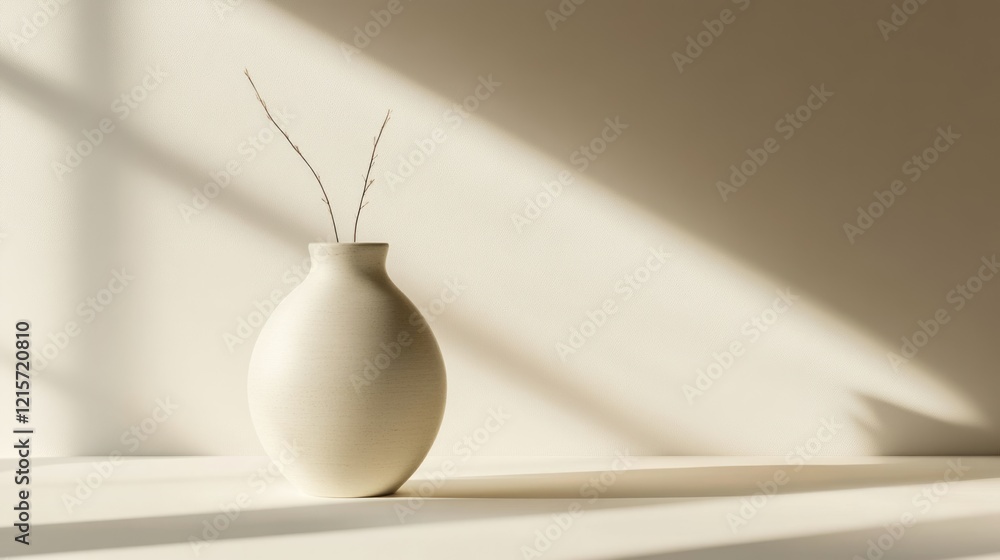 Poster minimalist white vase with twigs casting shadows on a light surface copy space for design elements