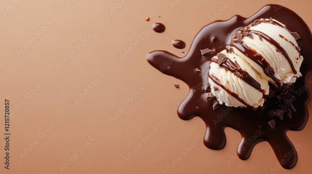 Poster ice cream scoops with chocolate syrup on brown background with copy space for text or branding