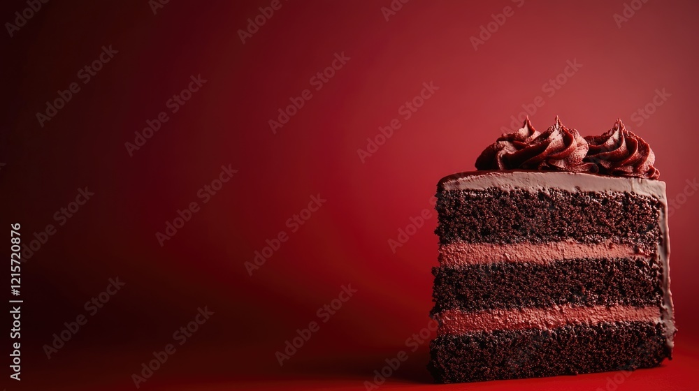 Poster chocolate layer cake with rich frosting on red background with copy space
