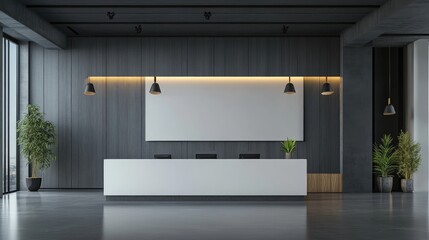Sleek Reception Area Featuring Minimalist White Signboard Against Gray Wall and Modern Interior Design Elements