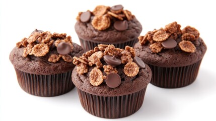 Chocolate cupcakes topped with crunchy flakes and chocolate chips on a white background with ample copy space