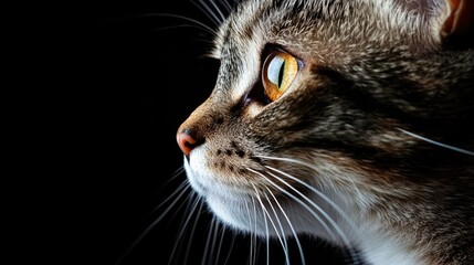 Cat profile close-up with intense gaze showcasing detailed fur and striking eye colors against a dark background.