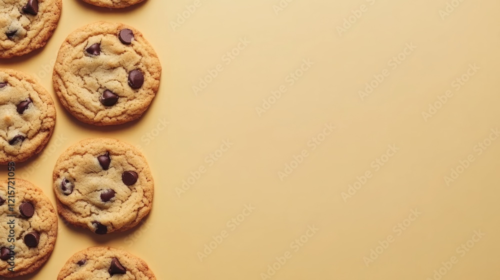 Poster chocolate chip cookies arranged on a yellow background with ample copy space for text or graphics.