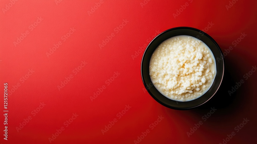 Poster bowl of cooked couscous on a vibrant red background with ample copy space for text placement
