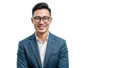 Portrait of a handsome, smiling wearing glasses Asian businessman isolated on transparent background, cut out, cropping up to the waist portrait