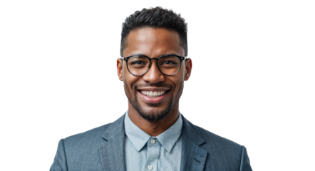 Portrait of a handsome, smiling wearing glasses African businessman isolated on transparent background, cut out, cropping up to the waist portrait