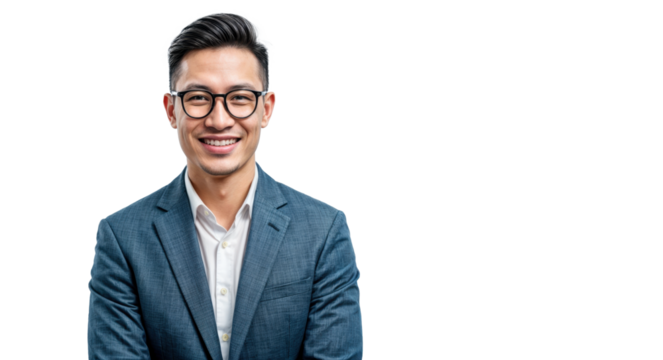 Portrait of a handsome, smiling wearing glasses Asian businessman isolated on transparent background, cut out, cropping up to the waist portrait