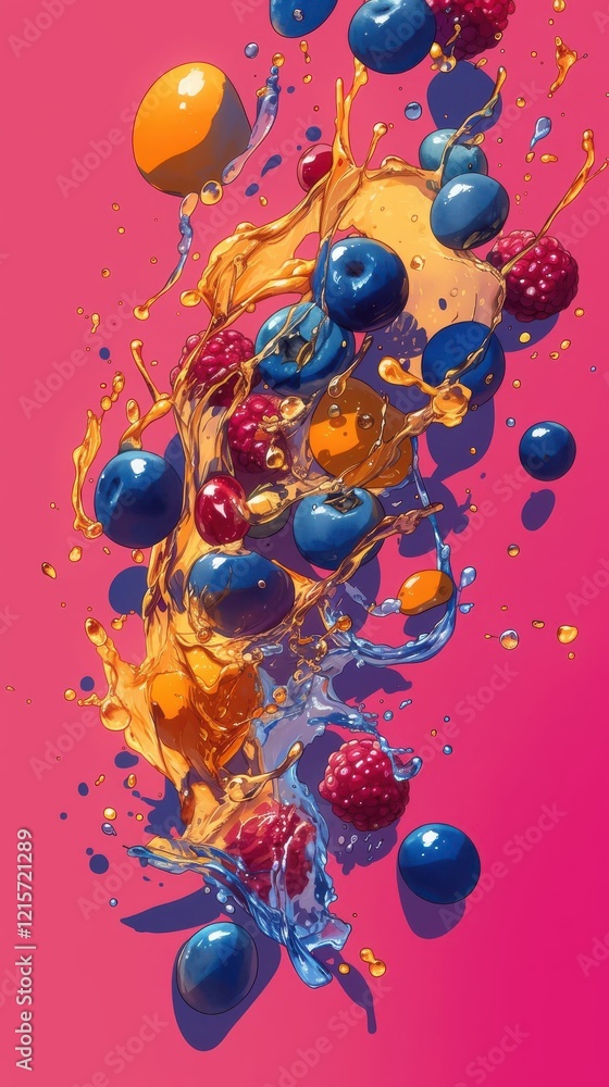 Poster vibrant berries and juice splashing dynamically