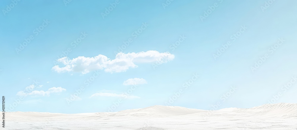 Poster serene white sands desert landscape featuring soft cream dunes under bright azure skies with fluffy 