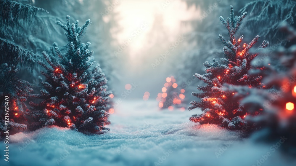 Poster snow-covered christmas trees with decorative lights in a winter forest scene featuring a soft blurre