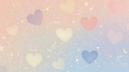 A gradient-based seamless celestial pattern featuring pastel pink and purple hearts surrounded by twinkling stars. Ideal for modern romantic branding and whimsical decor.

