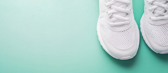 Stylish White Running Sneakers Positioned at the Corner on a Soft Mint Background with Ample Copy Space for Branding and Text