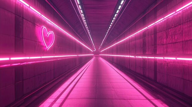 Pink neon lights illuminate a futuristic corridor with a heart symbol. - Powered by Adobe
