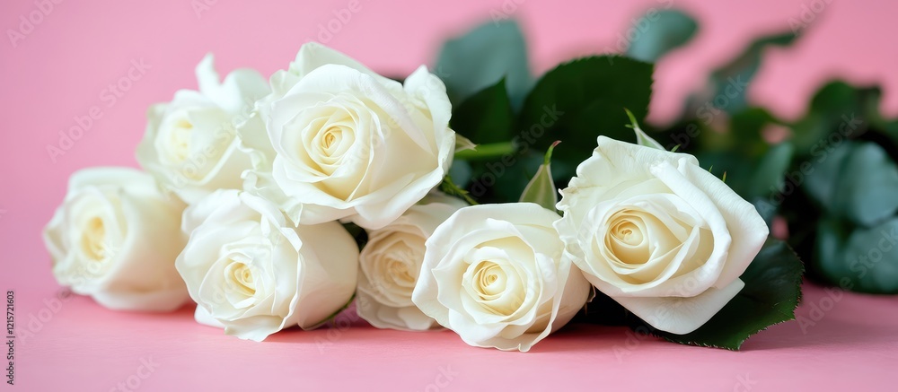 Poster fresh white roses elegantly arranged on a soft pink background with ample negative space for text an