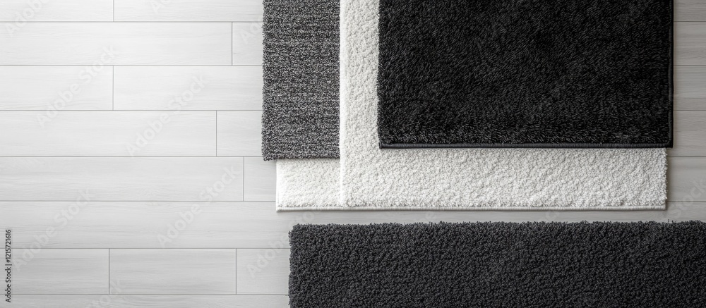 Aufkleber textured rugs on a light wooden floor arranged in a modern layout with ample copy space for text or 