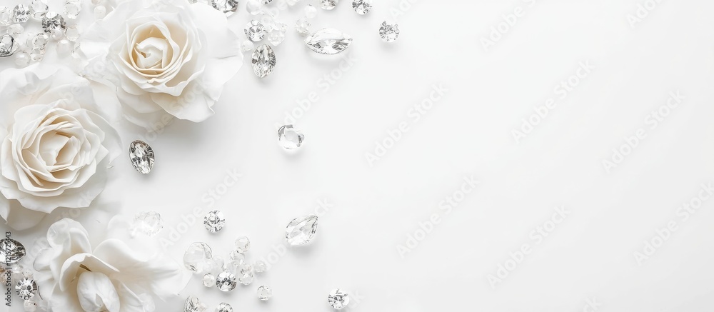 Poster elegant white roses and sparkling crystals arranged on a pristine white background with ample empty 