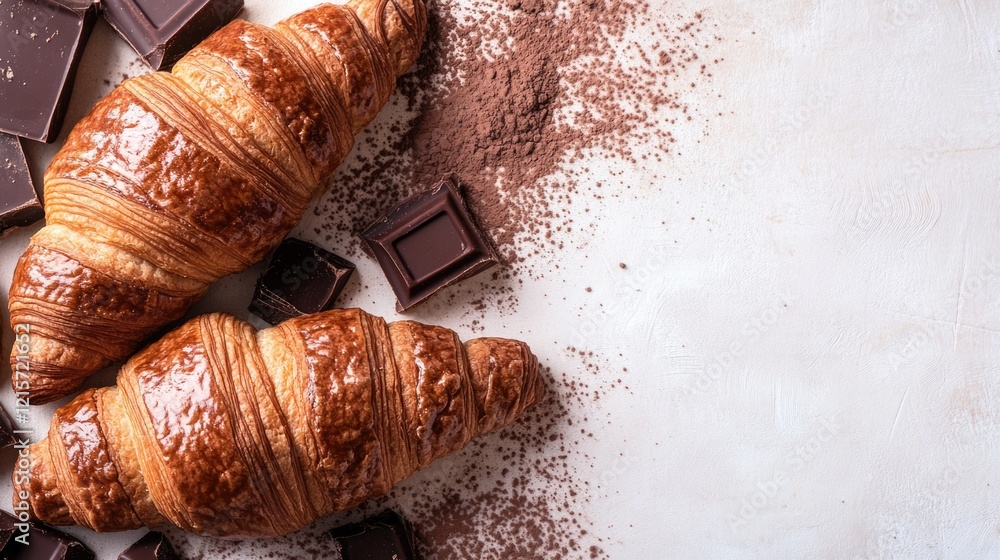 Poster croissants with chocolate squares and cocoa powder on a textured surface with copy space for text pl