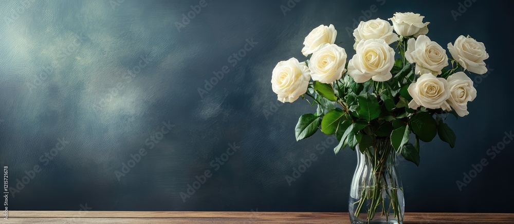 Poster elegant white rose arrangement in a clear glass vase on a rustic wooden table against a soft blue an