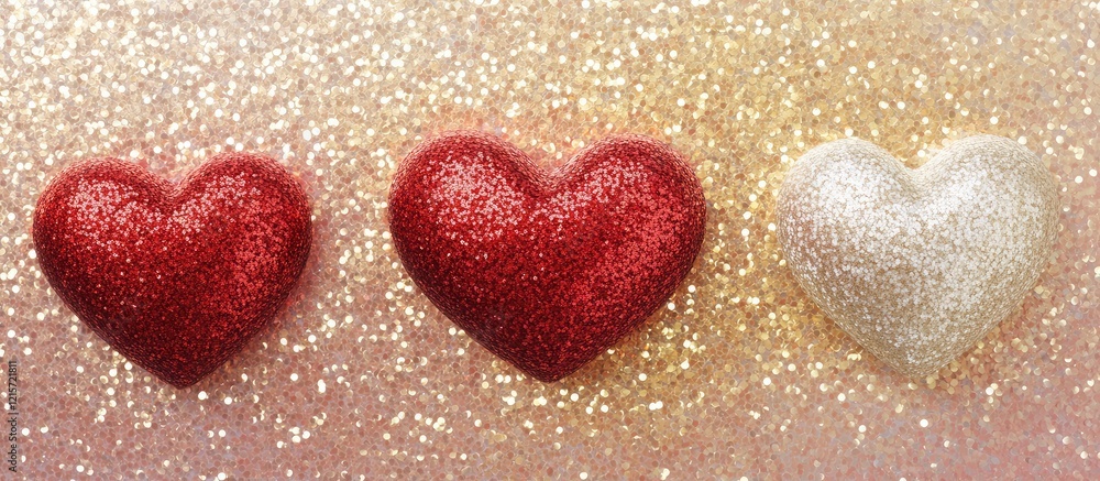 Poster glittering hearts in white red and golden hues on shimmering table surface with empty space for text