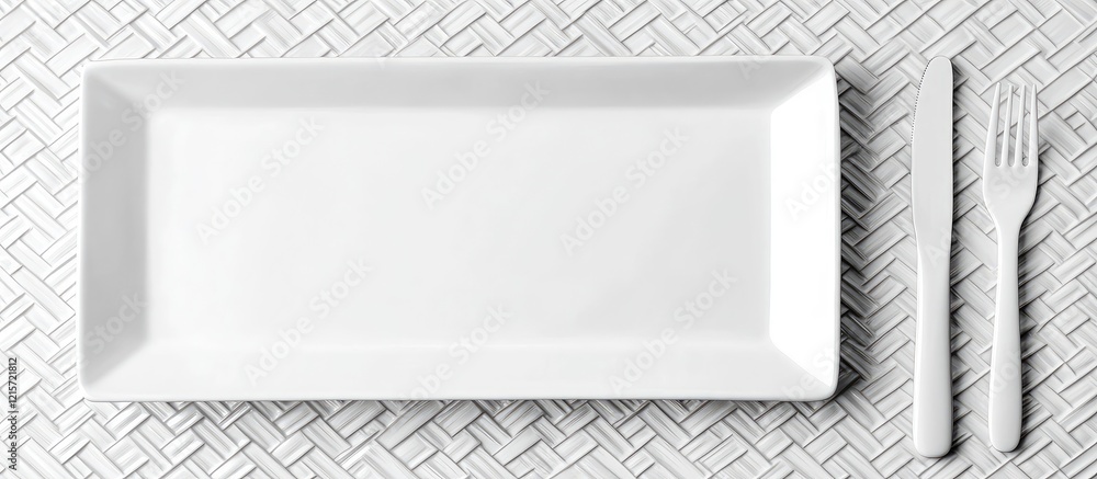 Aufkleber minimalist white rectangular plate with fork on textured gray background ideal for culinary or food 