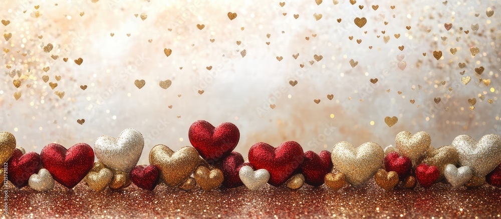 Poster glittering arrangement of white, red, and golden hearts on a shimmering table surface with a sparkli