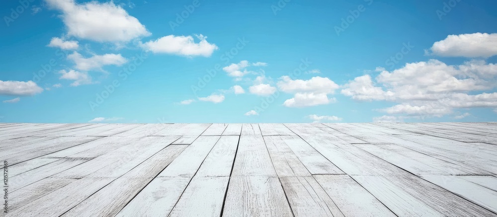 Poster white puzzle pieces on a wooden surface under a clear blue sky with fluffy white clouds and ample em
