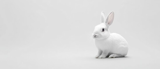 Obraz premium Close-Up of White Rabbit Sitting on Light Gray Background with Ample Space for Text and Design Elements in a Minimalist Style