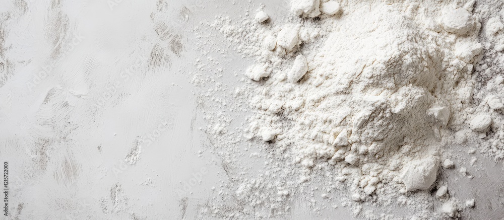 Poster flour dust scattered on a gray baking surface with empty space for text composition in a kitchen set