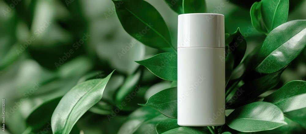 Aufkleber white portable deodorant mockup surrounded by lush green leaves with soft focus background and ample
