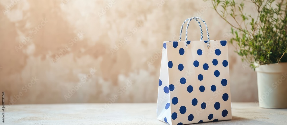 Poster elegant white gift bag with blue polka dots positioned on a dappled light background featuring subtl