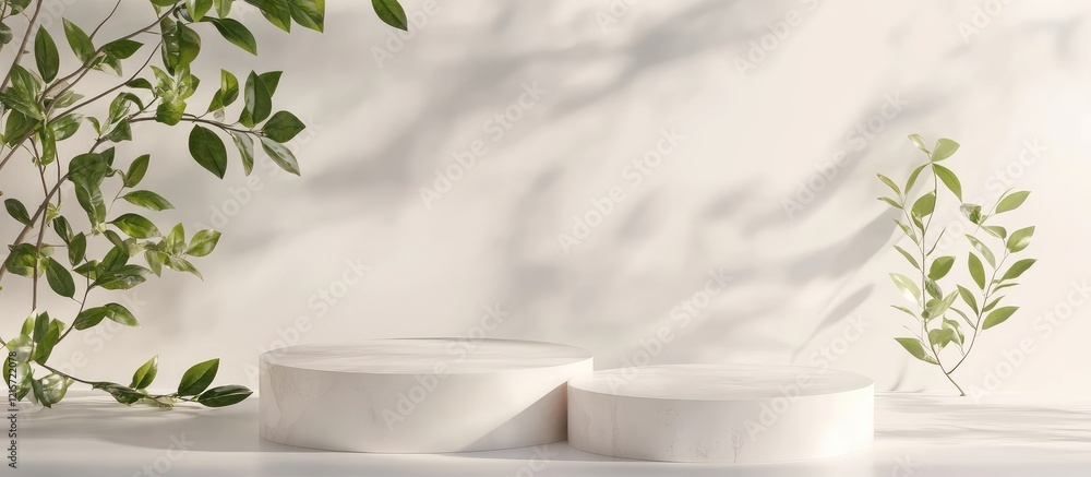 Poster elegant white podiums for product displays surrounded by green leaves on a soft white background wit