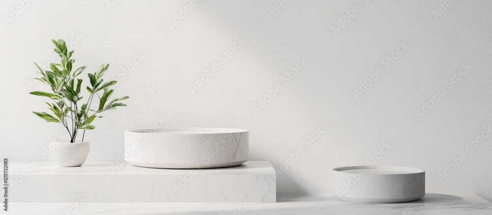 Aufkleber minimalist white podiums and ceramic planters arranged on a bright clean background, ideal for produ