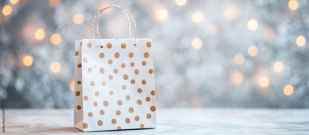 Poster elegant white gift bag with gold polka dots placed on a softly illuminated dappled light background 