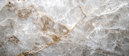 Polished white quartz marble slab with light gray and golden veins on a smooth floor surface, offering an elegant background with ample space for text.