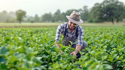 Farmer inspecting thriving green crop in vast field sunny day