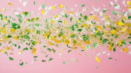 Colorful confetti in white green and yellow flying against soft pink background in super macro view creating dynamic festive ambiance
