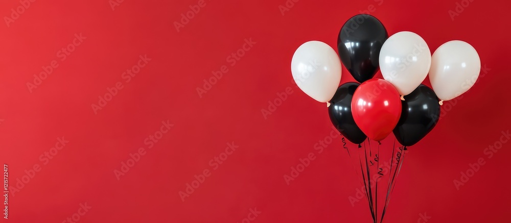 Poster colorful assortment of white black and red balloons clustered on vibrant red background with ample e