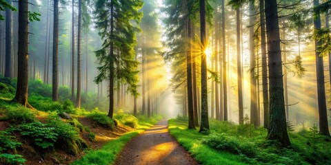 Obraz premium Enchanted Misty Forest Pathway with Sunlight, Hiking Trails in Nature, Mysterious Woodland Adventure, Scenic Outdoor Exploration