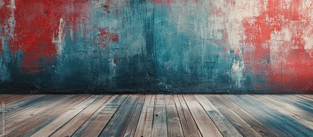 Poster textured wooden plank with an abstract multicolored backdrop suitable for product display and artist