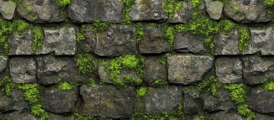 Weathered stone wall adorned with lush green moss perfect for historical and rustic themed design projects