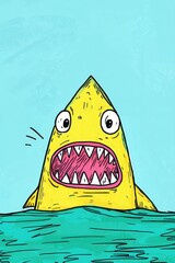 Fierce Portrait of a Cartoon Shark with Sharp Dorsal Fin Emerging from Vibrant Water Background