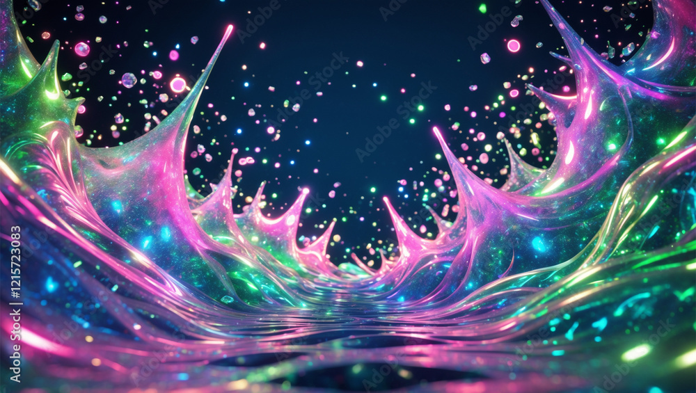 Poster surreal iridescent liquid waves with floating sparkling orbs against dark background