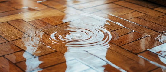 Water pooling on a wooden parquet floor indicating possible water damage and highlighting the need for repairs and maintenance solutions