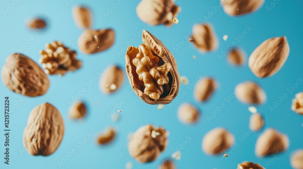 Poster nut explosion with walnuts cascading against a vibrant blue background showcasing selective focus on