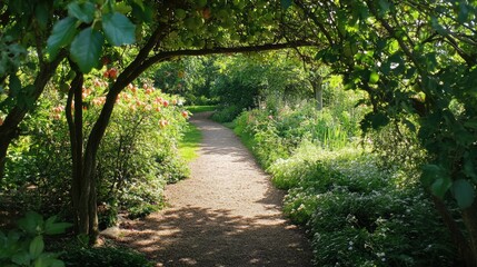 Fototapeta premium Tranquil Pathway Through Lush Green Fruit Garden Surrounded by Colorful Blooms and Sunlight in a Serene Natural Setting