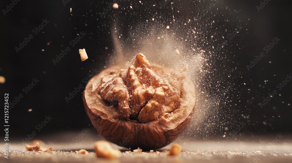 Aufkleber dynamic walnut explosion creating fine dust and small particle remnants against a dark blurred backg