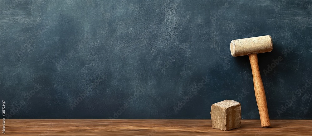 Aufkleber carpenter's workspace featuring a wooden mallet and chisel on a rustic brown table against a dark sl
