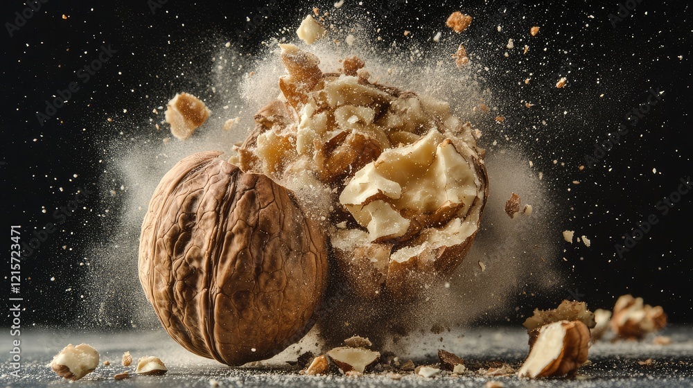 Poster dynamic walnut explosion creating a cloud of fine dust and scattered fragments against a dark backgr