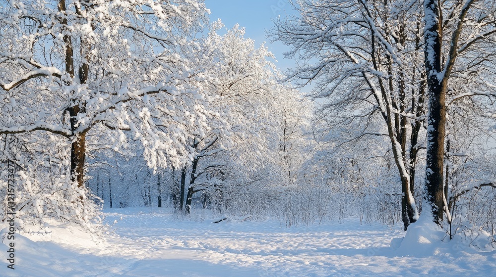 Poster serene winter landscape with snow-covered tree branches creating a tranquil scene in a snowy forest 