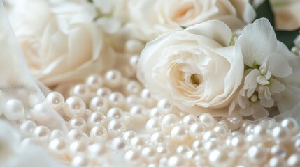Obraz premium Elegant white wedding bouquet featuring delicate roses and pearls arranged on soft fabric, creating a romantic and luxurious atmosphere.